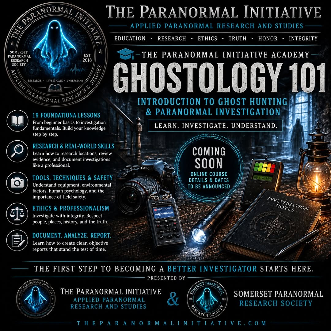 Ghostology 101 Academy introduction to ghost hunting and paranormal investigation graphic