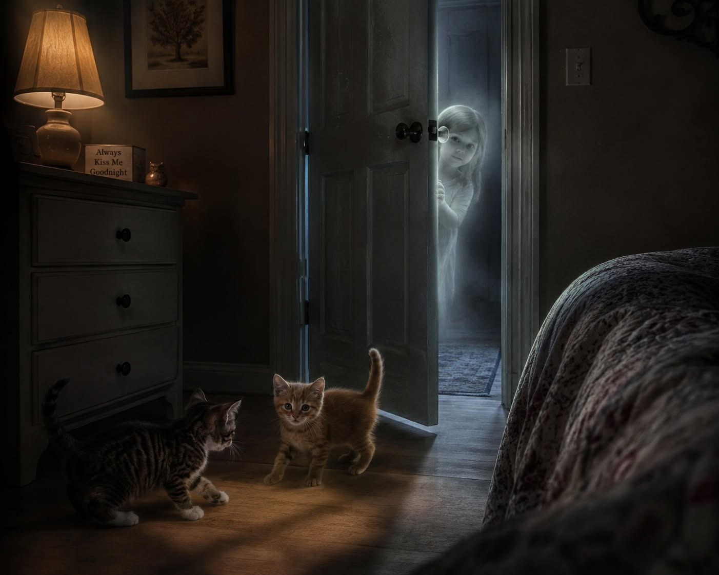 Kittens by a slowly opened bedroom door paranormal investigation reflection graphic