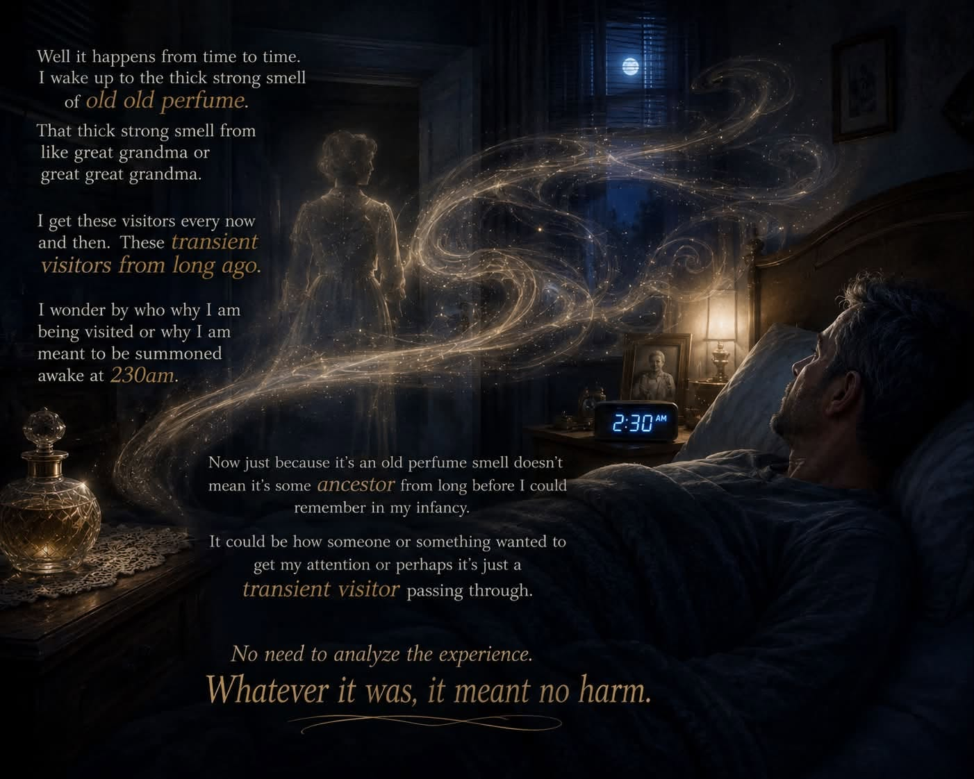 Old perfume transient visitor personal paranormal reflection graphic